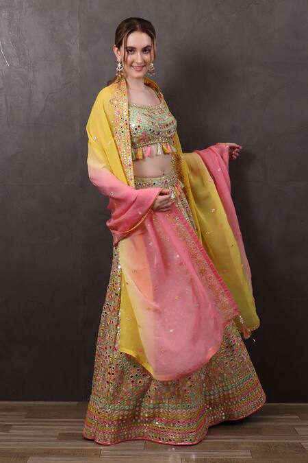 Sayisha_Multi Color Organza Sequins, Mirrors Scoop Neck Hand Embroidered Lehenga Set _at_Aza_Fashions