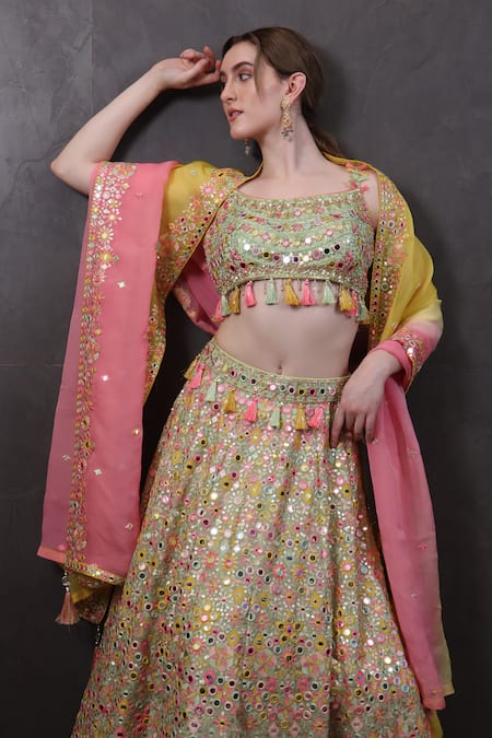 Buy_Sayisha_Multi Color Organza Sequins, Mirrors Scoop Neck Hand Embroidered Lehenga Set 