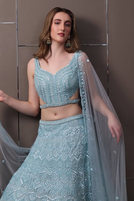 Sayisha_Blue Organza Sequins, Beads Sweetheart Neck Hand Embroidered Lehenga Set_Online_at_Aza_Fashions