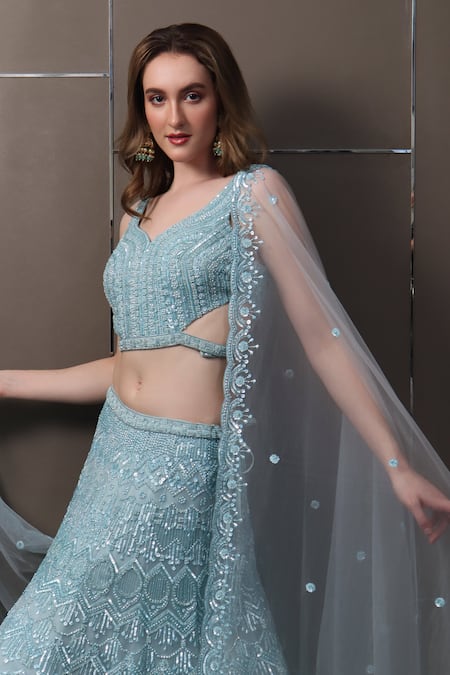 Buy_Sayisha_Blue Organza Sequins, Beads Sweetheart Neck Hand Embroidered Lehenga Set_Online_at_Aza_Fashions