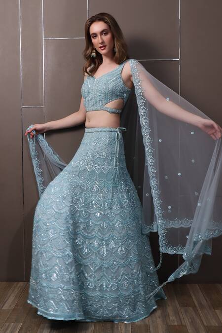 Shop_Sayisha_Blue Organza Sequins, Beads Sweetheart Neck Hand Embroidered Lehenga Set_Online_at_Aza_Fashions