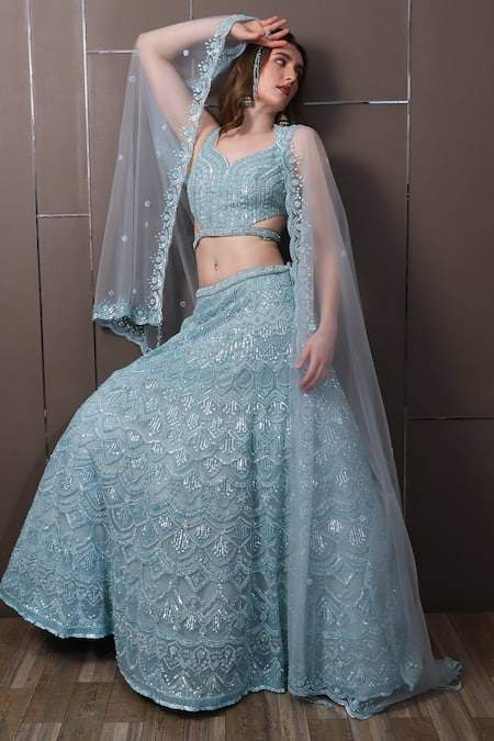 Sayisha_Blue Organza Sequins, Beads Sweetheart Neck Hand Embroidered Lehenga Set_at_Aza_Fashions