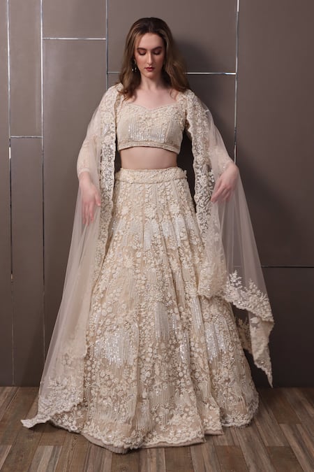 SAYISHA Off White Organza Hand Embroidered Sequins Sweetheart Floral Lehenga Set 