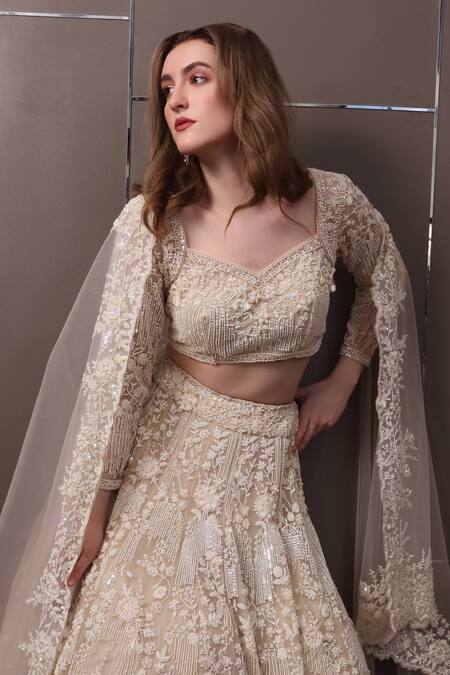 Sayisha_Off White Organza Sequins, Beads Sweetheart Floral Hand Embroidered Lehenga Set_Online_at_Aza_Fashions
