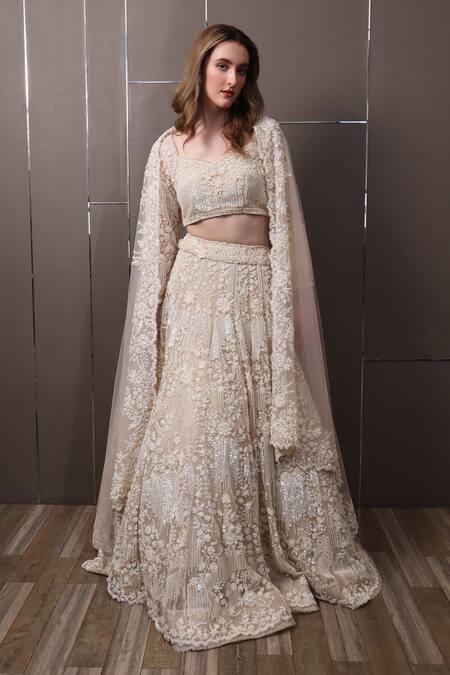 Buy_Sayisha_Off White Organza Sequins, Beads Sweetheart Floral Hand Embroidered Lehenga Set_Online_at_Aza_Fashions