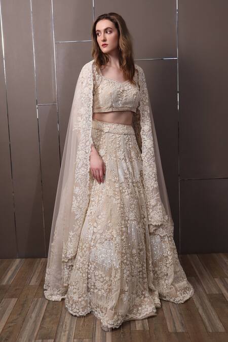 Shop_Sayisha_Off White Organza Sequins, Beads Sweetheart Floral Hand Embroidered Lehenga Set_Online_at_Aza_Fashions
