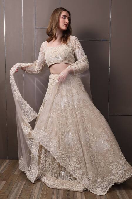 Sayisha_Off White Organza Sequins, Beads Sweetheart Floral Hand Embroidered Lehenga Set_at_Aza_Fashions
