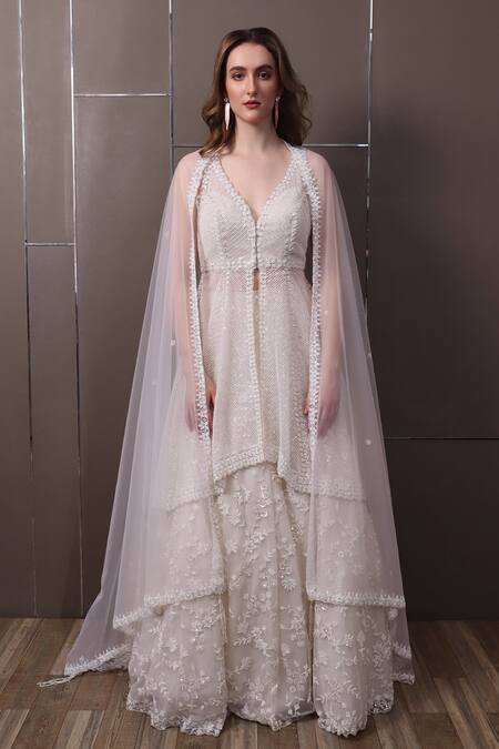 Buy_Sayisha_White Net Sequins, Beads V-neck Floral Hand Embroidered Lehenga Set _Online_at_Aza_Fashions
