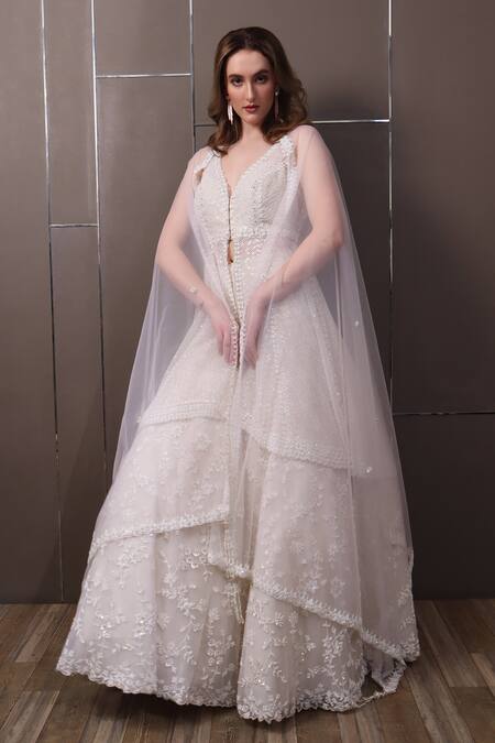 Shop_Sayisha_White Net Sequins, Beads V-neck Floral Hand Embroidered Lehenga Set _Online_at_Aza_Fashions