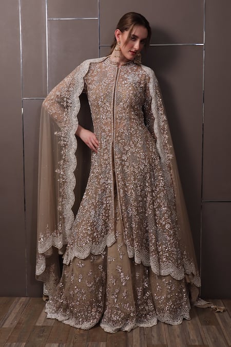 SAYISHA Brown Organza Hand Embroidered Sequins Mandarin Kurta Lehenga Set 