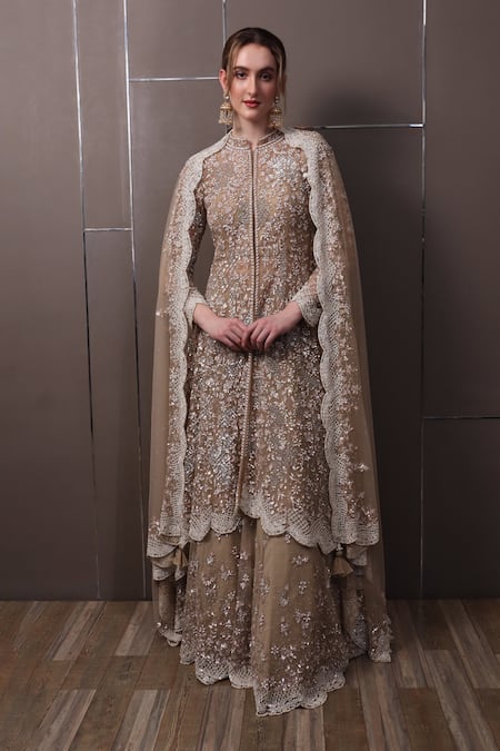 Shop_Sayisha_Brown Organza Sequins, Crystals, Beads Hand Embroidered Kurta Lehenga Set _at_Aza_Fashions