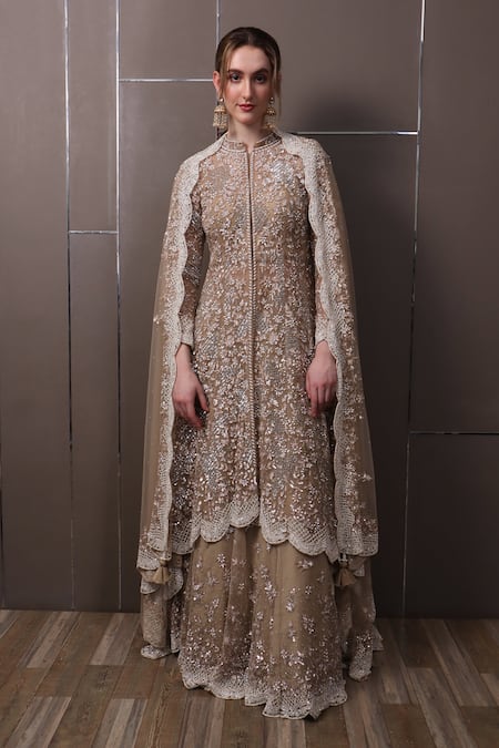 Sayisha_Brown Organza Sequins, Crystals, Beads Hand Embroidered Kurta Lehenga Set _Online_at_Aza_Fashions