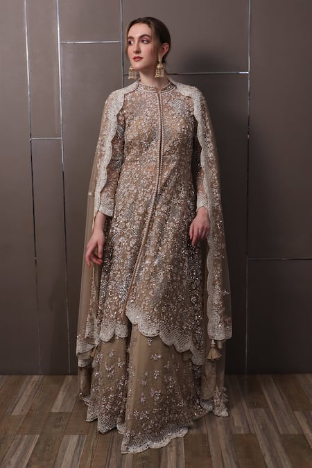 Buy_Sayisha_Brown Organza Sequins, Crystals, Beads Hand Embroidered Kurta Lehenga Set _Online_at_Aza_Fashions