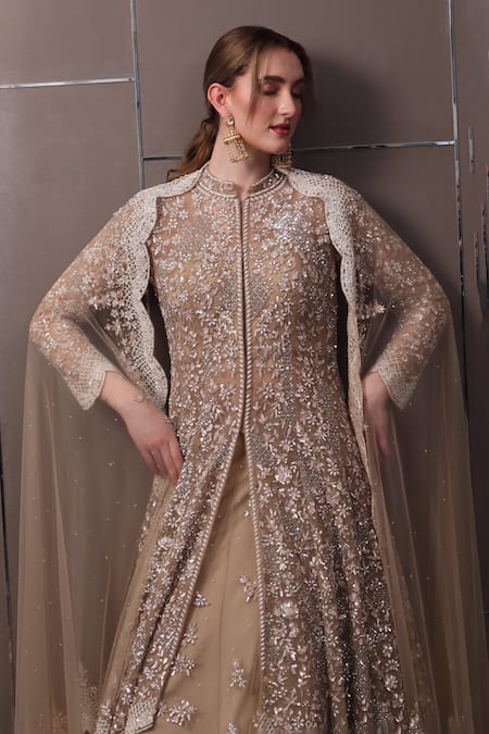 Shop_Sayisha_Brown Organza Sequins, Crystals, Beads Hand Embroidered Kurta Lehenga Set _Online_at_Aza_Fashions