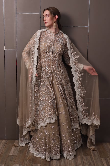 Sayisha_Brown Organza Sequins, Crystals, Beads Hand Embroidered Kurta Lehenga Set _at_Aza_Fashions