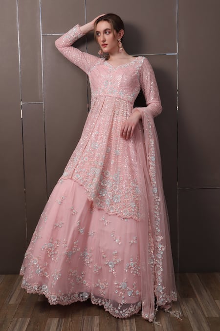 SAYISHA Pink Net Hand Embroidered Floral V-neck Kurta Lehenga Set 