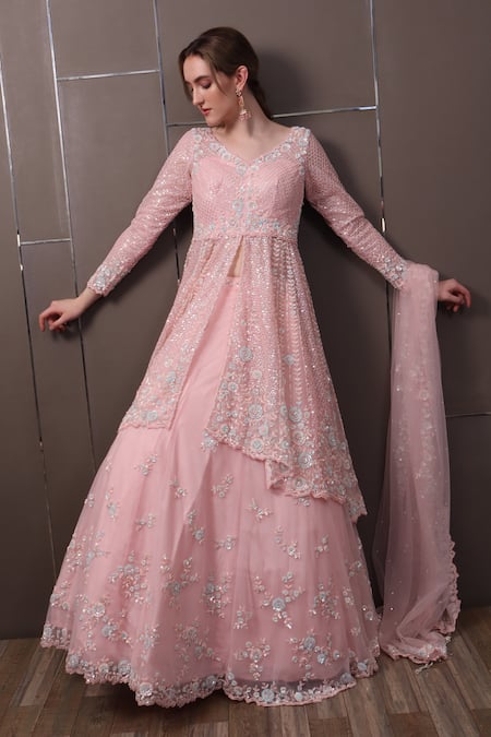 Shop_Sayisha_Pink Net Sequins, Beads, Embroidery V-neck Floral Hand Kurta Lehenga Set _at_Aza_Fashions