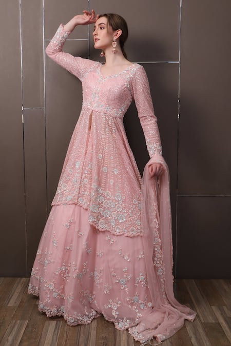 Sayisha_Pink Net Sequins, Beads, Embroidery V-neck Floral Hand Kurta Lehenga Set _Online_at_Aza_Fashions