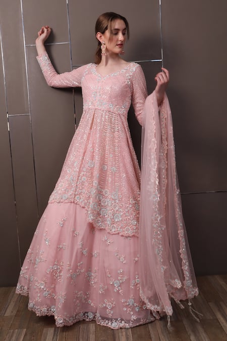 Buy_Sayisha_Pink Net Sequins, Beads, Embroidery V-neck Floral Hand Kurta Lehenga Set _Online_at_Aza_Fashions