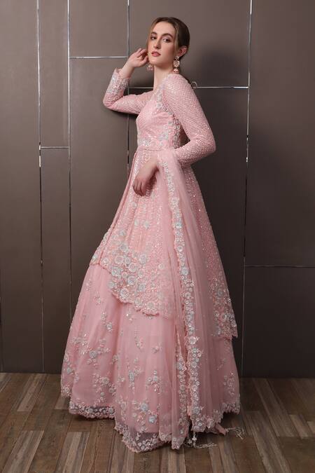 Shop_Sayisha_Pink Net Sequins, Beads, Embroidery V-neck Floral Hand Kurta Lehenga Set _Online_at_Aza_Fashions