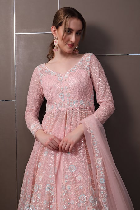 Sayisha_Pink Net Sequins, Beads, Embroidery V-neck Floral Hand Kurta Lehenga Set _at_Aza_Fashions