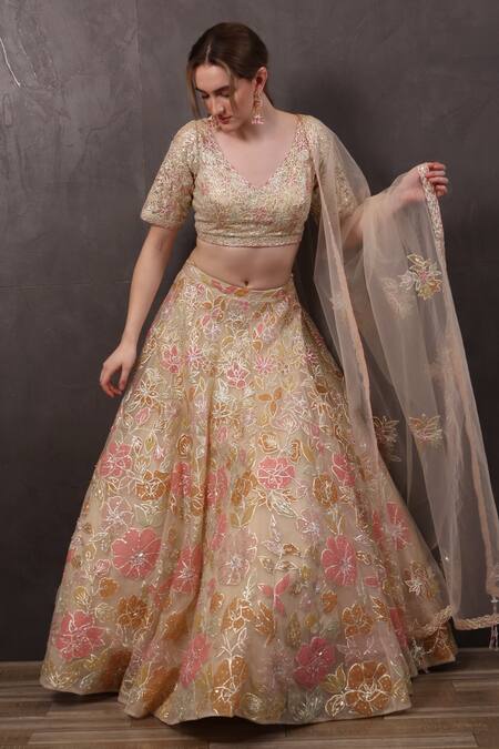 Shop_Sayisha_Beige Organza Sequins, Beads V-neck Flower Hand Embroidered Lehenga Set_at_Aza_Fashions