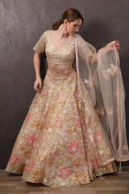 Sayisha_Beige Organza Sequins, Beads V-neck Flower Hand Embroidered Lehenga Set_Online_at_Aza_Fashions