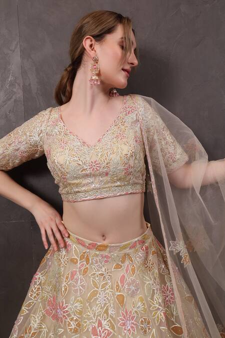 Buy_Sayisha_Beige Organza Sequins, Beads V-neck Flower Hand Embroidered Lehenga Set_Online_at_Aza_Fashions