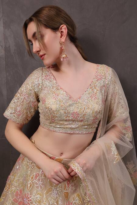 Shop_Sayisha_Beige Organza Sequins, Beads V-neck Flower Hand Embroidered Lehenga Set_Online_at_Aza_Fashions