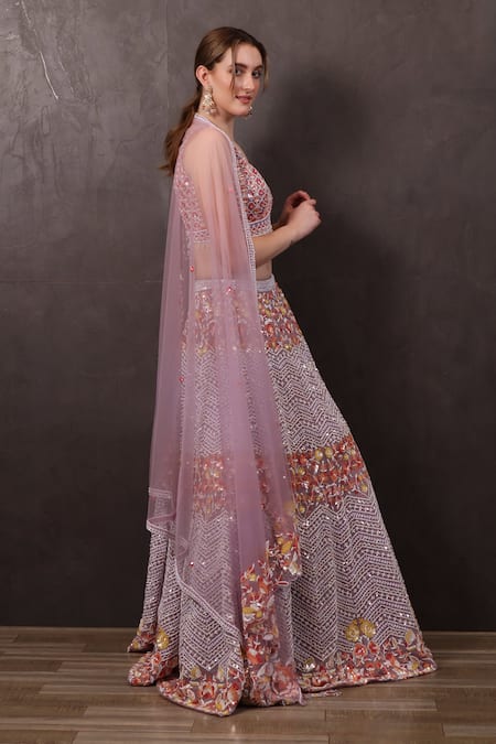 Shop_Sayisha_Peach Net Pearls, Sequins, Beads V-neck Hand Embroidered Lehenga Blouse Set _at_Aza_Fashions