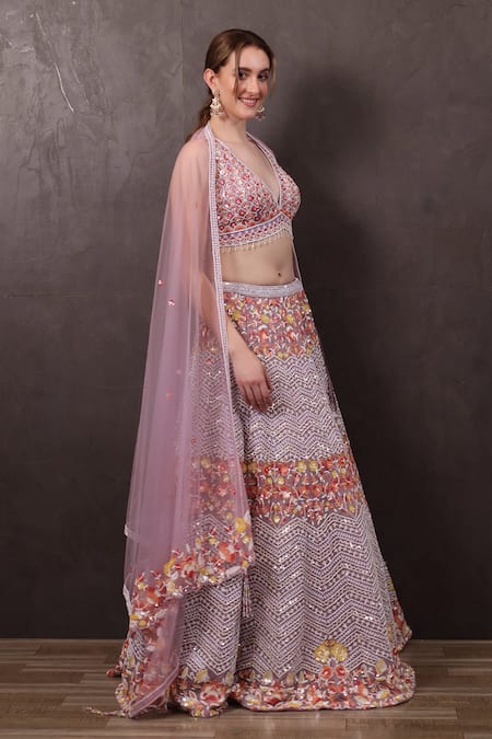 Sayisha_Peach Net Pearls, Sequins, Beads V-neck Hand Embroidered Lehenga Blouse Set _Online_at_Aza_Fashions