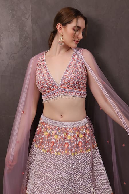 Buy_Sayisha_Peach Net Pearls, Sequins, Beads V-neck Hand Embroidered Lehenga Blouse Set _Online_at_Aza_Fashions