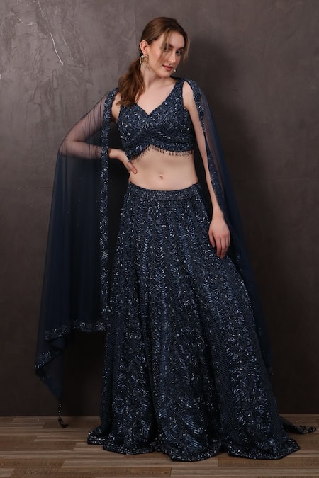 SAYISHA Blue Chiffon Hand Embroidered Sequins V-neck Beads Lehenga Blouse Set 