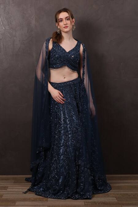 Sayisha_Blue Chiffon Sequins, Beads V-neck Hand Embroidered Lehenga Blouse Set _Online_at_Aza_Fashions