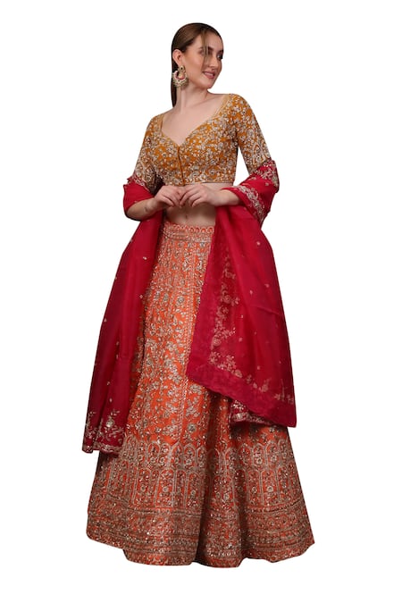Sayisha_Multi Color Organza Embroidery, Beads, Sequins Sweetheart Neck Lehenga Set _Online_at_Aza_Fashions