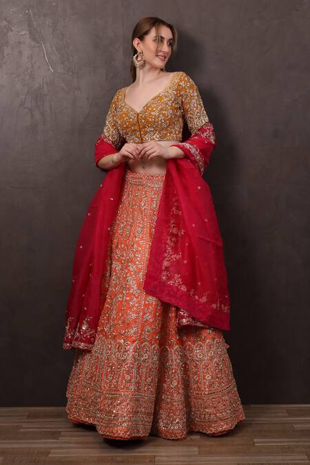 Buy_Sayisha_Multi Color Organza Embroidery, Beads, Sequins Sweetheart Neck Lehenga Set _Online_at_Aza_Fashions