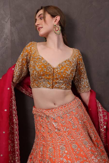 Shop_Sayisha_Multi Color Organza Embroidery, Beads, Sequins Sweetheart Neck Lehenga Set _Online_at_Aza_Fashions