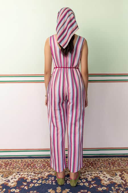 Shop Shimona Pink Cotton, Linen V-neck Striped Sleeveless Jumpsuit at Aza Fashions Shop_Shimona_Pink Cotton, Linen V-neck Striped Sleeveless Jumpsuit _at_Aza_Fashions