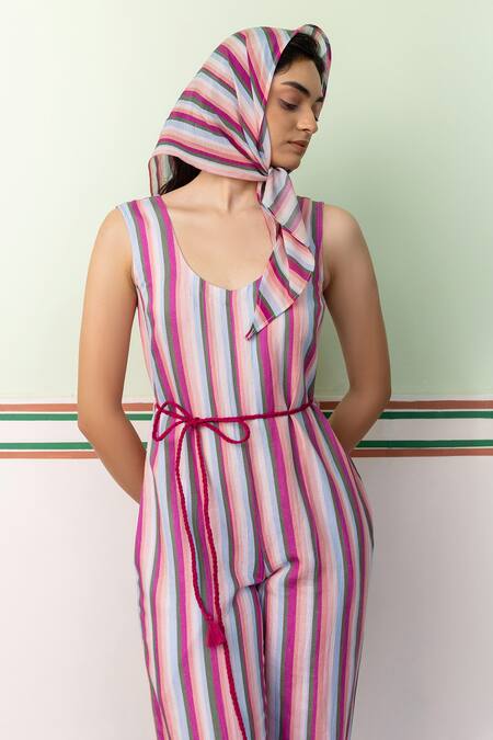 Buy Shimona Pink Cotton, Linen V-neck Striped Sleeveless Jumpsuit Online at Aza Fashions Buy_Shimona_Pink Cotton, Linen V-neck Striped Sleeveless Jumpsuit _Online_at_Aza_Fashions