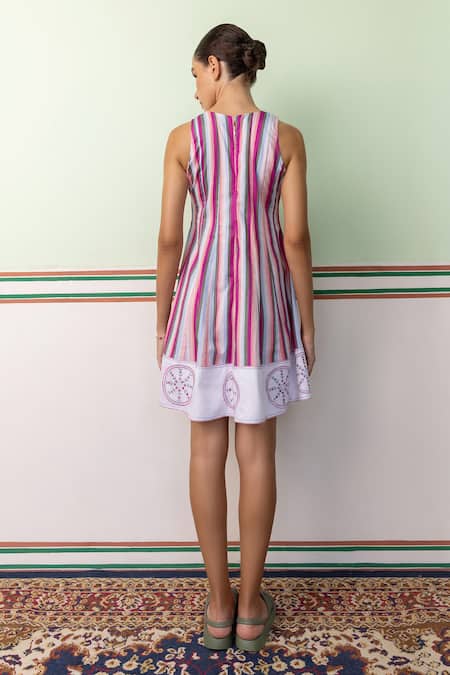 Shop Shimona Pink Cotton Satin Embroidery Round Neck Striped Short Dress at Aza Fashions Shop_Shimona_Pink Cotton Satin Embroidery Round Neck Striped Short Dress _at_Aza_Fashions