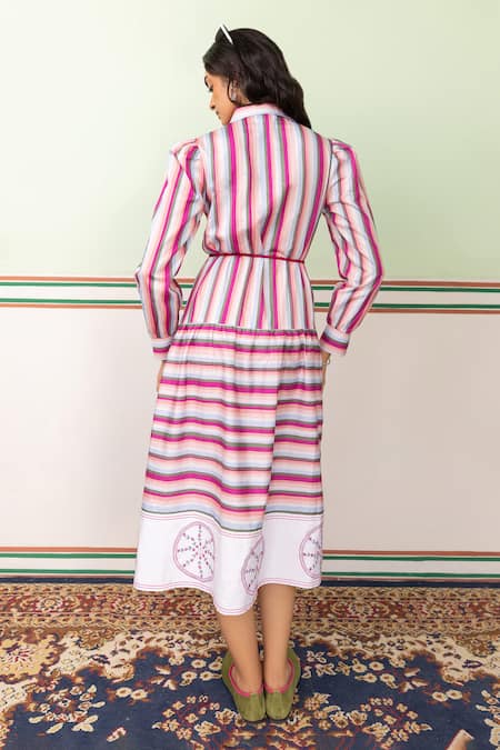 Shop Shimona Pink Cotton Satin Embroidery Collared Striped Border Midi Dress at Aza Fashions Shop_Shimona_Pink Cotton Satin Embroidery Collared Striped Border Midi Dress _at_Aza_Fashions