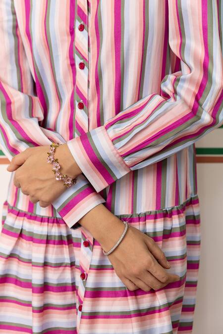 Shimona Pink Cotton Satin Embroidery Collared Striped Border Midi Dress Online at Aza Fashions Shimona_Pink Cotton Satin Embroidery Collared Striped Border Midi Dress _Online_at_Aza_Fashions