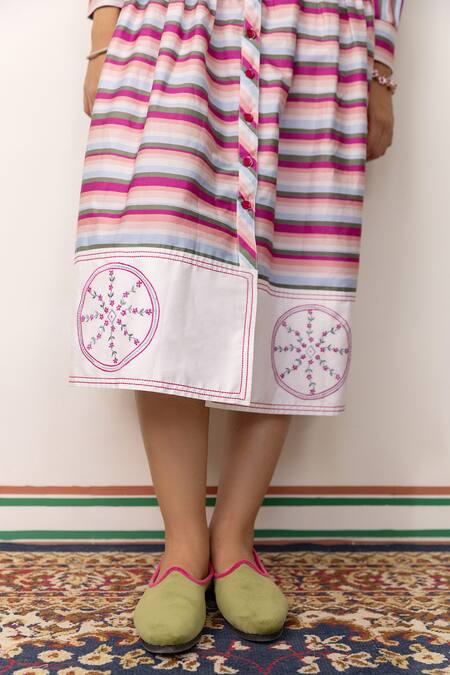 Buy Shimona Pink Cotton Satin Embroidery Collared Striped Border Midi Dress Online at Aza Fashions Buy_Shimona_Pink Cotton Satin Embroidery Collared Striped Border Midi Dress _Online_at_Aza_Fashions