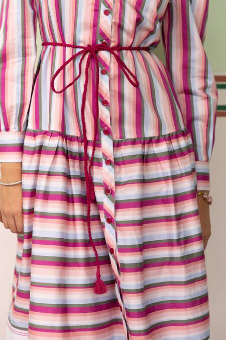 Shop Shimona Pink Cotton Satin Embroidery Collared Striped Border Midi Dress Online at Aza Fashions Shop_Shimona_Pink Cotton Satin Embroidery Collared Striped Border Midi Dress _Online_at_Aza_Fashions