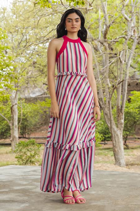 SHIMONA Frilled Stripe Pattern Dress 