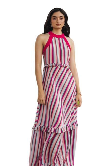 Shimona Pink Crepe Halter Neck Frilled Stripe Pattern Dress Online at Aza Fashions Shimona_Pink Crepe Halter Neck Frilled Stripe Pattern Dress _Online_at_Aza_Fashions