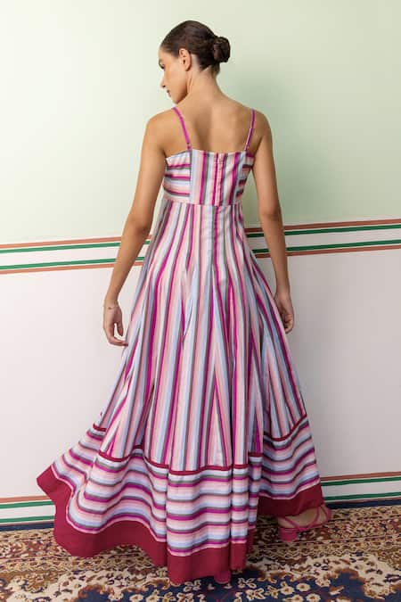 Shop Shimona Pink Cotton Satin Square Neck Stripe Pattern Maxi Dress at Aza Fashions Shop_Shimona_Pink Cotton Satin Square Neck Stripe Pattern Maxi Dress _at_Aza_Fashions