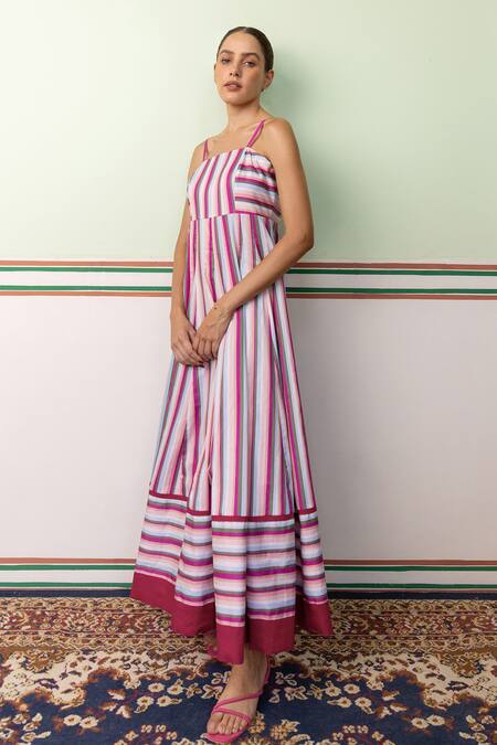 Shimona Pink Cotton Satin Square Neck Stripe Pattern Maxi Dress Online at Aza Fashions Shimona_Pink Cotton Satin Square Neck Stripe Pattern Maxi Dress _Online_at_Aza_Fashions
