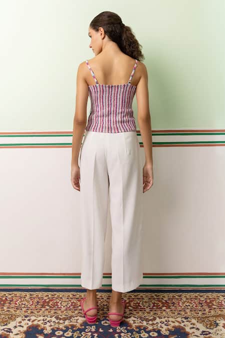 Shop Shimona Pink Cotton, Linen Bows Square Neck Stripe Land Print Top at Aza Fashions Shop_Shimona_Pink Cotton, Linen Bows Square Neck Stripe Land Print Top _at_Aza_Fashions