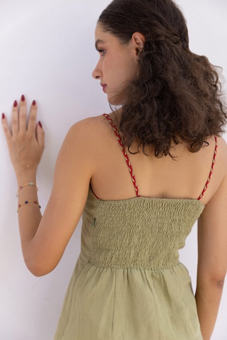 Shop_Shimona_Green Cotton Linen Embroidery Thread V Neck Marigold Dress _at_Aza_Fashions